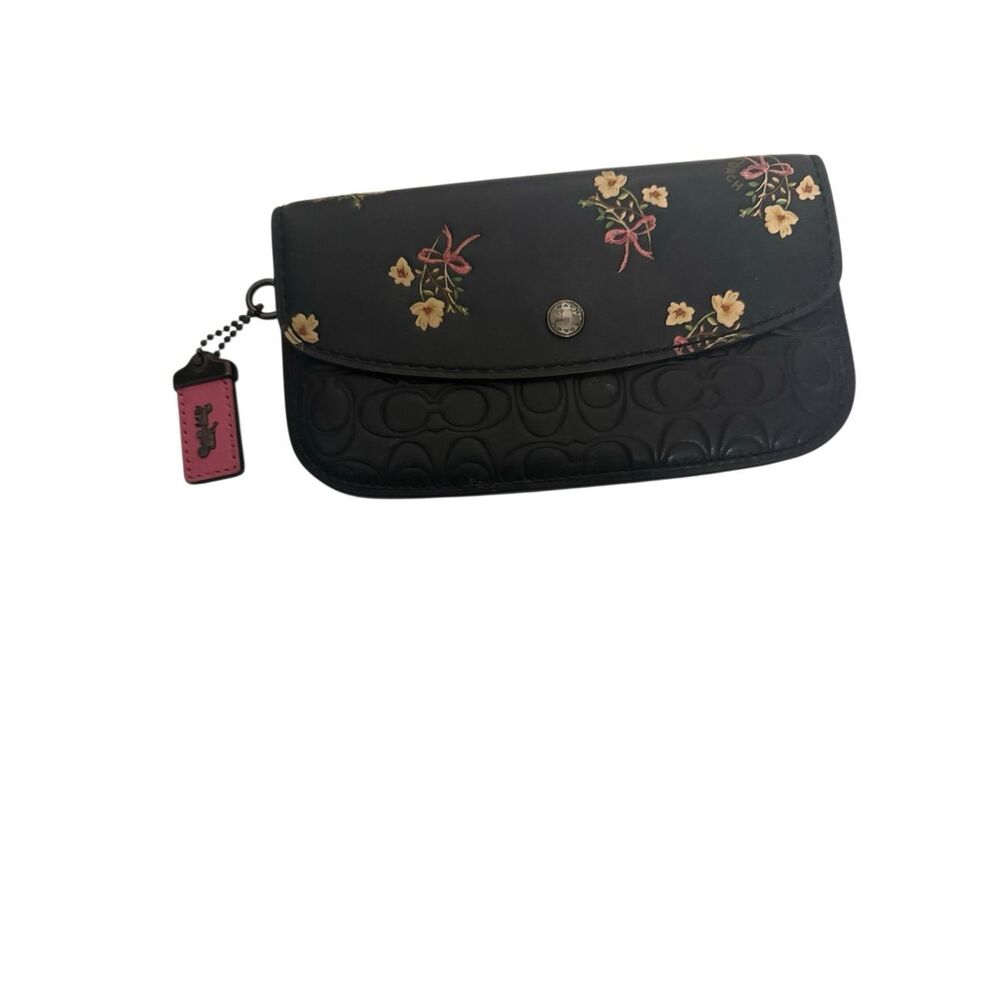 COACH FLORAL BOW PRINT BLACK/PINK SIGNATURE LEATHER CLUTCH 27060